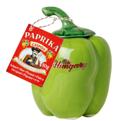 węgierska papryka mielona w ceramicznym pojemniku w kształcie zielonej papryki
